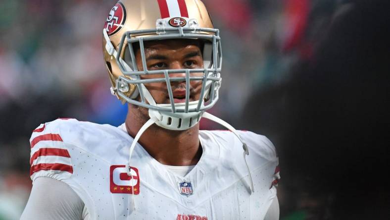 Dec 3, 2023; Philadelphia, Pennsylvania, USA; San Francisco 49ers defensive end Arik Armstead (91) runs off the field against the Philadelphia Eagles at Lincoln Financial Field. Mandatory Credit: Eric Hartline-USA TODAY Sports