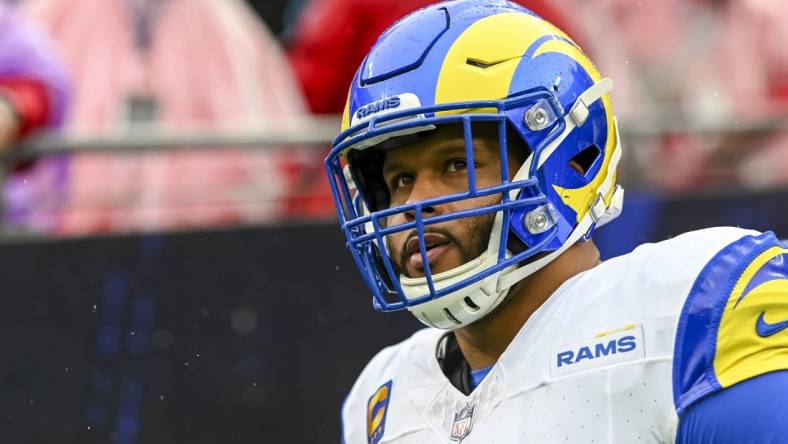 Dec 10, 2023; Baltimore, Maryland, USA;  Los Angeles Rams defensive tackle Aaron Donald (99) before the game against the Baltimore Ravens   at M&T Bank Stadium. Mandatory Credit: Tommy Gilligan-USA TODAY Sports