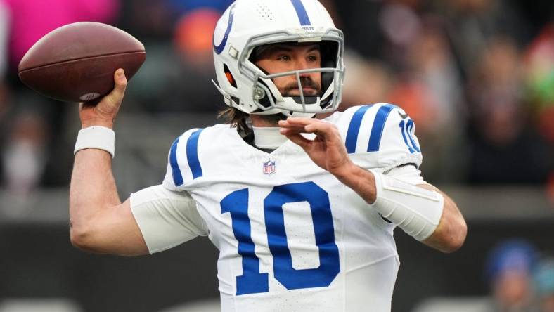 Indianapolis Colts quarterback Gardner Minshew (10) throws in the first quarter during a Week 14 NFL game between the Indianapolis Colts and the Cincinnati Bengals, Sunday, Dec. 10, 2023, at Paycor Stadium in Cincinnati.