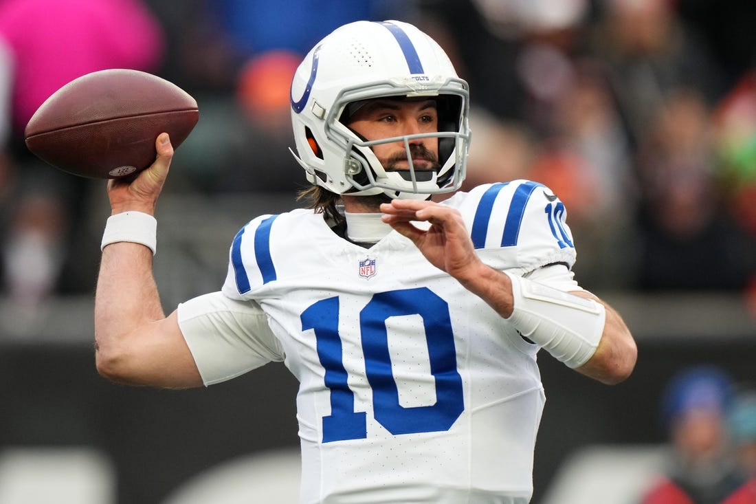 Indianapolis Colts quarterback Gardner Minshew (10) throws in the first quarter during a Week 14 NFL game between the Indianapolis Colts and the Cincinnati Bengals, Sunday, Dec. 10, 2023, at Paycor Stadium in Cincinnati.