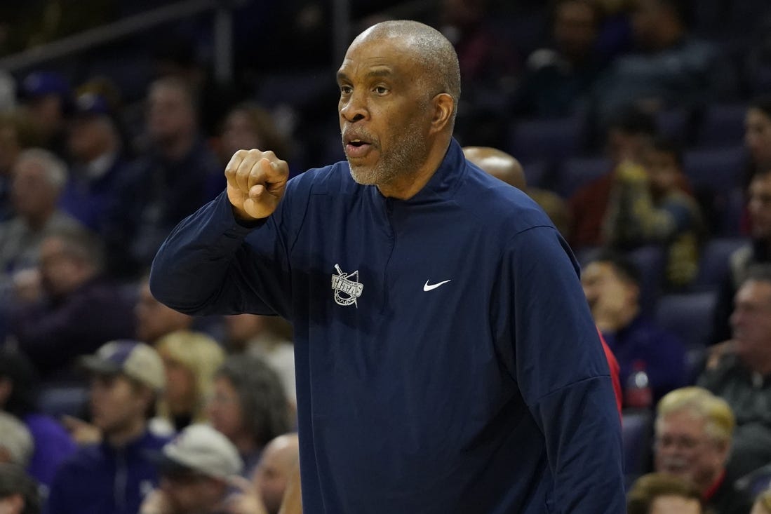 Dec 10, 2023; Evanston, Illinois, USA; Detroit Mercy Titans head coach Mike Davis gestures to his team during the first half at Welsh-Ryan Arena. Mandatory Credit: David Banks-USA TODAY Sports