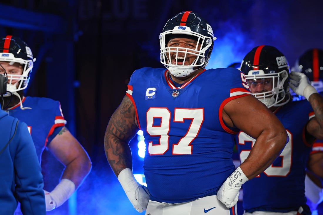 Dec 11, 2023; East Rutherford, New Jersey, USA; New York Giants defensive tackle Dexter Lawrence II (97) looks on before the game against the Green Bay Packers at MetLife Stadium. Mandatory Credit: Vincent Carchietta-USA TODAY Sports