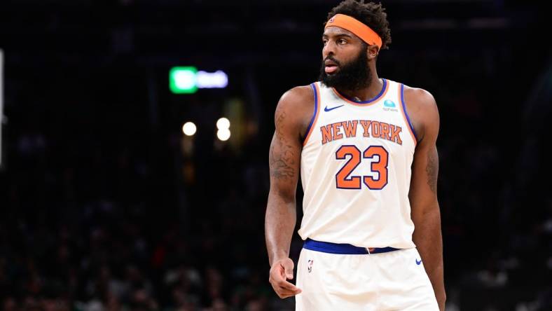 Dec 8, 2023; Boston, Massachusetts, USA;  New York Knicks center Mitchell Robinson (23) looks on during the first half against the Boston Celtics at TD Garden. Mandatory Credit: Eric Canha-USA TODAY Sports