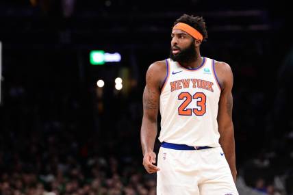 Dec 8, 2023; Boston, Massachusetts, USA;  New York Knicks center Mitchell Robinson (23) looks on during the first half against the Boston Celtics at TD Garden. Mandatory Credit: Eric Canha-USA TODAY Sports