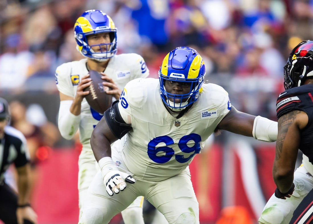 Nov 26, 2023; Glendale, Arizona, USA; Los Angeles Rams guard Kevin Dotson (69) against the Arizona Cardinals at State Farm Stadium. Mandatory Credit: Mark J. Rebilas-USA TODAY Sports