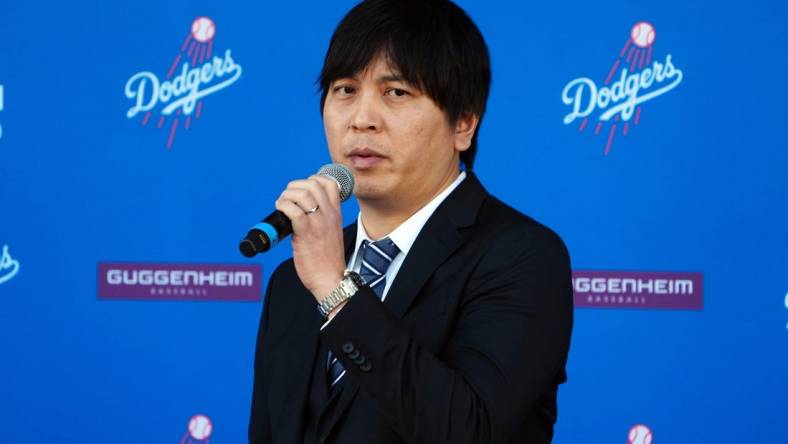 Dec 14, 2023; Los Angeles, CA, USA; Ippei Mizuhara, the translator for Los Angeles Dodgers designated hitter Shohei Ohtani, during an introductory press conference at Dodger Stadium. Mandatory Credit: Kirby Lee-USA TODAY Sports