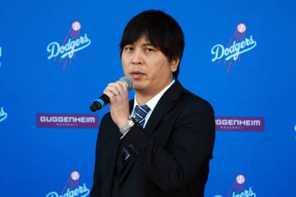 Dec 14, 2023; Los Angeles, CA, USA; Ippei Mizuhara, the translator for Los Angeles Dodgers designated hitter Shohei Ohtani, during an introductory press conference at Dodger Stadium. Mandatory Credit: Kirby Lee-USA TODAY Sports