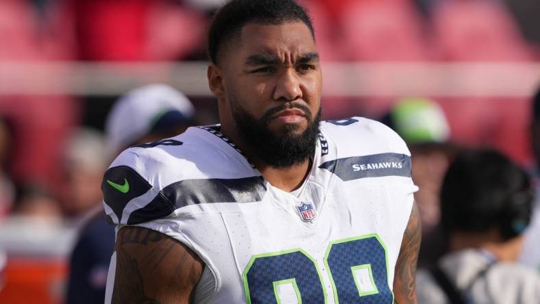 Dec 10, 2023; Santa Clara, California, USA; Seattle Seahawks defensive end Leonard Williams (99) before the game against the San Francisco 49ers at Levi's Stadium. Mandatory Credit: Darren Yamashita-USA TODAY Sports