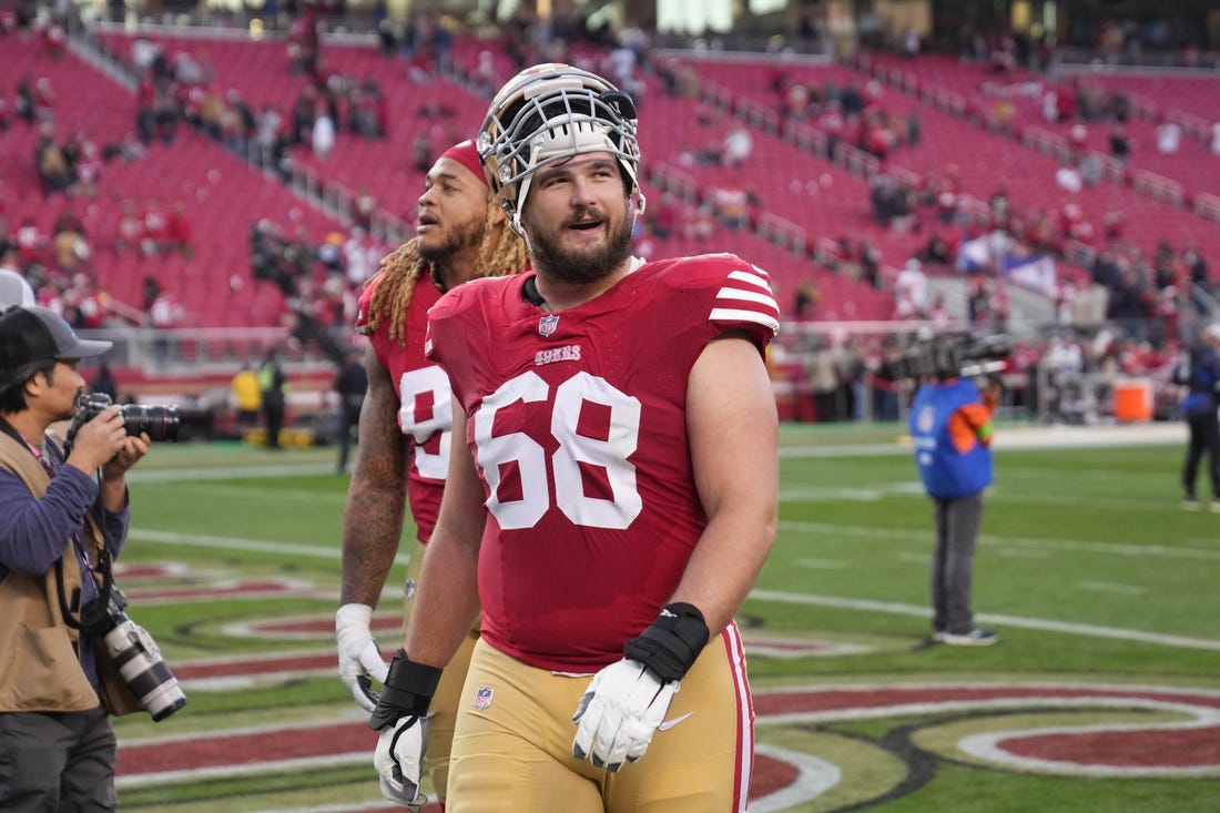 Dec 10, 2023; Santa Clara, California, USA; San Francisco 49ers offensive tackle Colton McKivitz (68) walks off of the field after defeating the Seattle Seahawks at Levi's Stadium. Mandatory Credit: Darren Yamashita-USA TODAY Sports