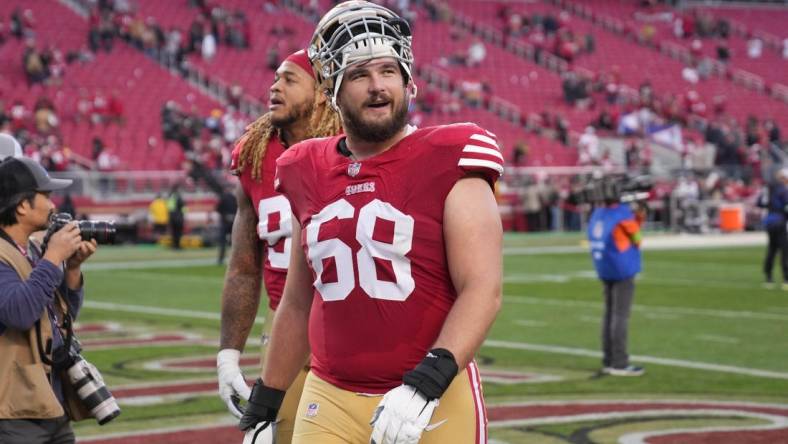 Dec 10, 2023; Santa Clara, California, USA; San Francisco 49ers offensive tackle Colton McKivitz (68) walks off of the field after defeating the Seattle Seahawks at Levi's Stadium. Mandatory Credit: Darren Yamashita-USA TODAY Sports