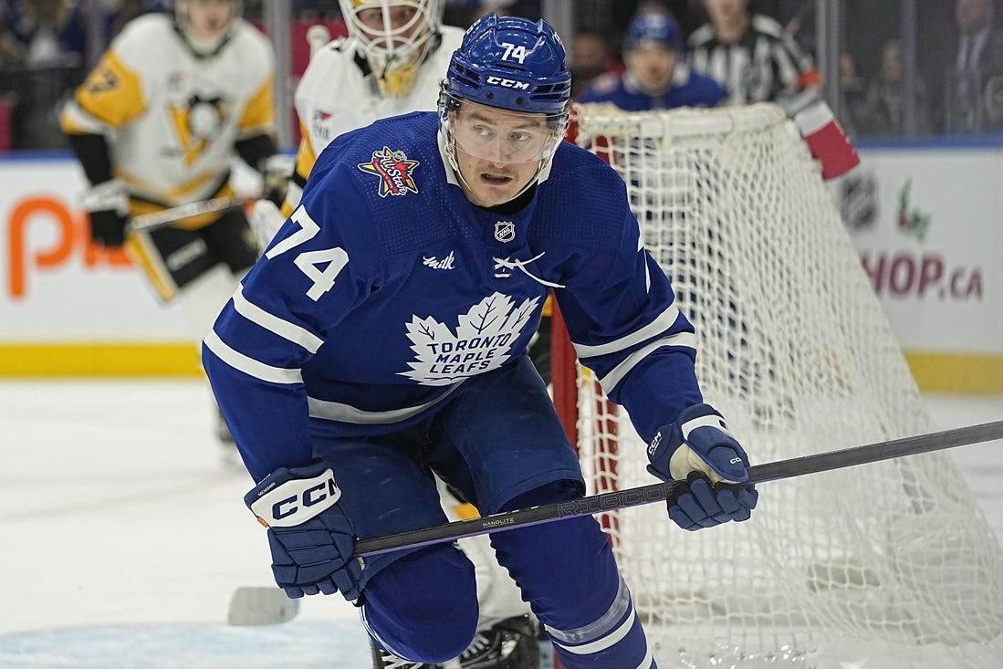 Dec 16, 2023; Toronto, Ontario, CAN; Toronto Maple Leafs forward Bobby McMann (74) skates against the Pittsburgh Penguins during the first period at Scotiabank Arena. Mandatory Credit: John E. Sokolowski-USA TODAY Sports