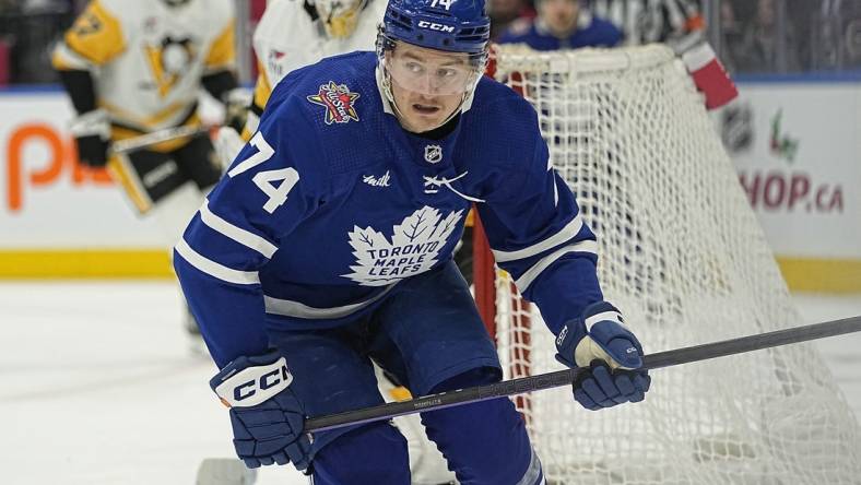 Dec 16, 2023; Toronto, Ontario, CAN; Toronto Maple Leafs forward Bobby McMann (74) skates against the Pittsburgh Penguins during the first period at Scotiabank Arena. Mandatory Credit: John E. Sokolowski-USA TODAY Sports