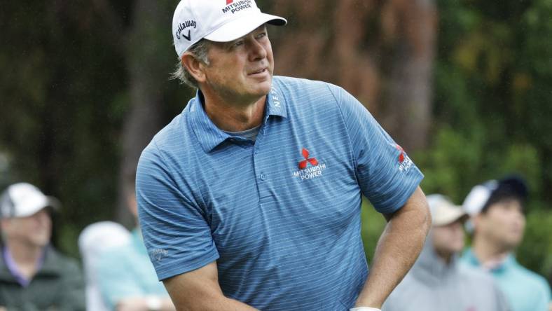 Dec 17, 2023; Orlando, Florida, USA;  Retief Goosen plays his shot from the first tee during the PNC Championship at The Ritz-Carlton Golf Club. Mandatory Credit: Reinhold Matay-USA TODAY Sports