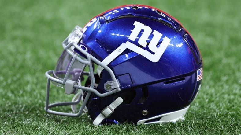 Dec 17, 2023; New Orleans, Louisiana, USA; A detailed view of a New York Giants helmet before the game against the New Orleans Saints at Caesars Superdome. Mandatory Credit: Stephen Lew-USA TODAY Sports