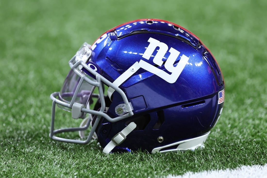 Dec 17, 2023; New Orleans, Louisiana, USA; A detailed view of a New York Giants helmet before the game against the New Orleans Saints at Caesars Superdome. Mandatory Credit: Stephen Lew-USA TODAY Sports