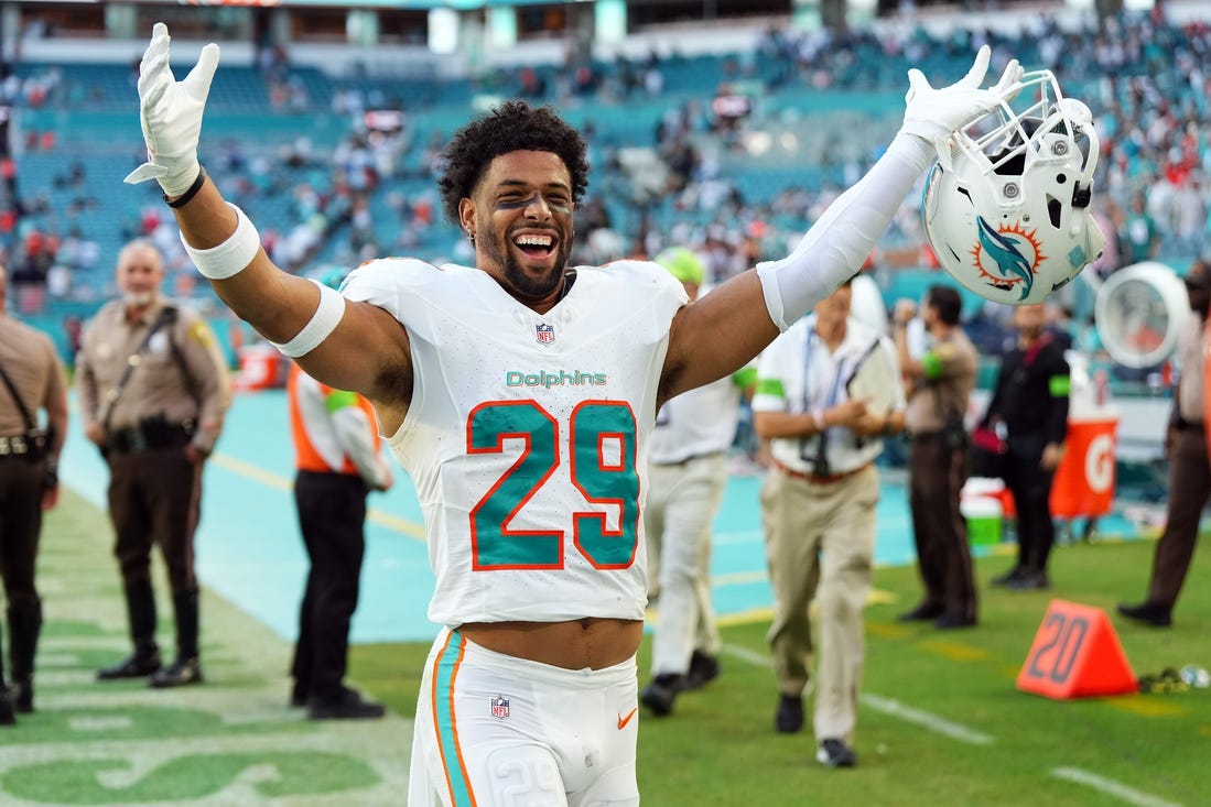 Dec 17, 2023; Miami Gardens, Florida, USA; Miami Dolphins safety Brandon Jones (29) celebrates after defeating the New York Jets at Hard Rock Stadium. Mandatory Credit: Jasen Vinlove-USA TODAY Sports