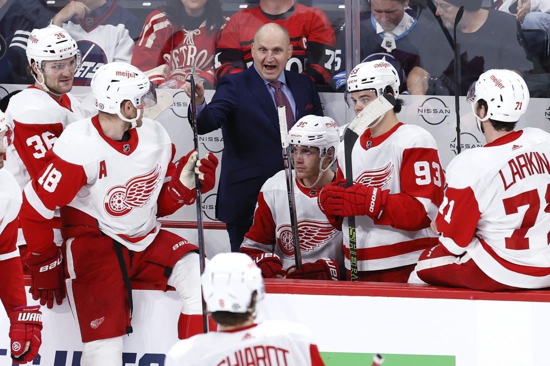 Dec 20, 2023; Winnipeg, Manitoba, CAN; Detroit Red Wings head coach Derek Lalonde gestures in the third period against the Winnipeg Jets at Canada Life Centre. Mandatory Credit: James Carey Lauder-USA TODAY Sports