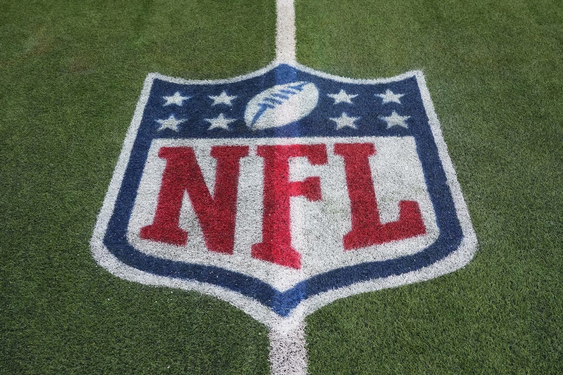 Dec 21, 2023; Inglewood, California, USA; The NFL shield lgo on the field at SoFi Stadium. Mandatory Credit: Kirby Lee-USA TODAY Sports