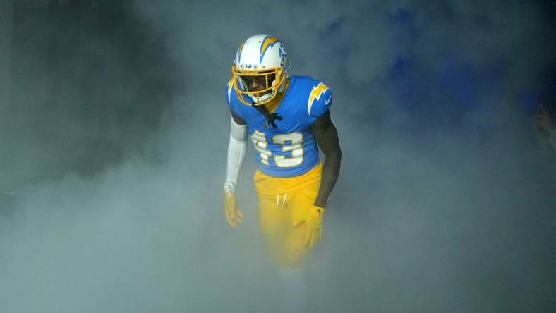 Dec 23, 2023; Inglewood, California, USA; Los Angeles Chargers cornerback Michael Davis (43) enters the field before the game against the Buffalo Bills SoFi Stadium. Mandatory Credit: Kirby Lee-USA TODAY Sports