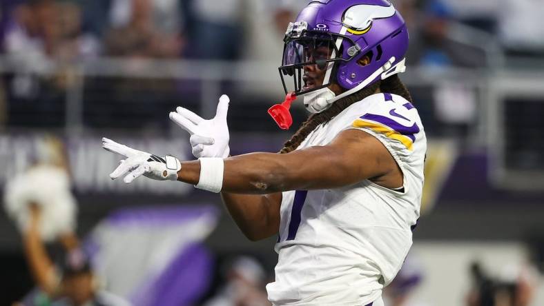 Dec 24, 2023; Minneapolis, Minnesota, USA; Minnesota Vikings wide receiver K.J. Osborn (17) celebrates his pass against the Detroit Lions during the third quarter at U.S. Bank Stadium. Mandatory Credit: Matt Krohn-USA TODAY Sports