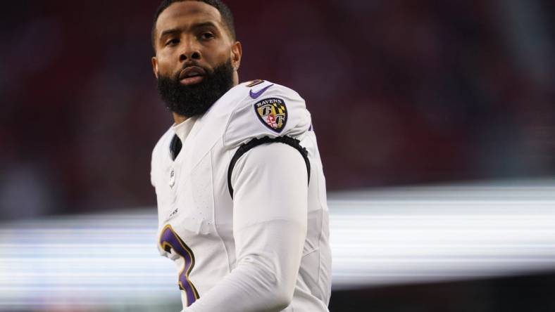 Dec 25, 2023; Santa Clara, California, USA; Baltimore Ravens wide receiver Odell Beckham Jr. (3) stands on the field before the start of the game against the San Francisco 49ers at Levi's Stadium. Mandatory Credit: Cary Edmondson-USA TODAY Sports