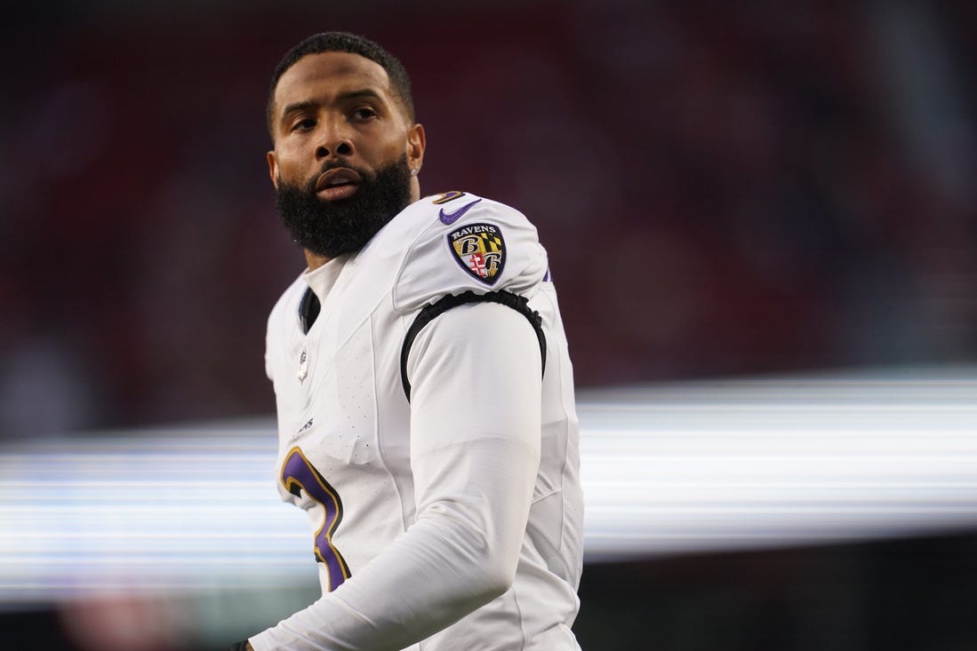 Dec 25, 2023; Santa Clara, California, USA; Baltimore Ravens wide receiver Odell Beckham Jr. (3) stands on the field before the start of the game against the San Francisco 49ers at Levi's Stadium. Mandatory Credit: Cary Edmondson-USA TODAY Sports