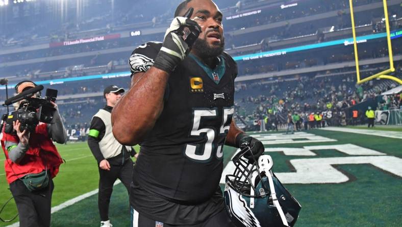 Dec 25, 2023; Philadelphia, Pennsylvania, USA; Philadelphia Eagles defensive end Brandon Graham (55) runs off the field after win against the New York Giants at Lincoln Financial Field. Mandatory Credit: Eric Hartline-USA TODAY Sports