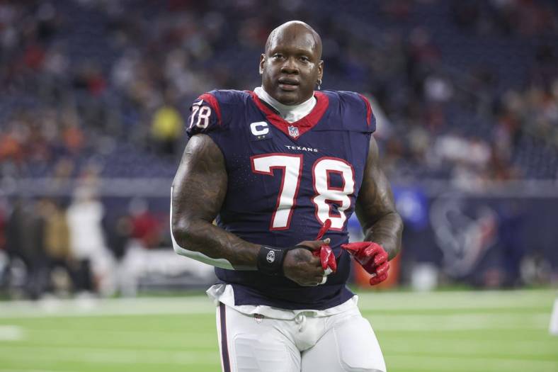 Dec 24, 2023; Houston, Texas, USA; Houston Texans offensive tackle Laremy Tunsil (78) walks off the field before the game against the Cleveland Browns at NRG Stadium. Mandatory Credit: Troy Taormina-USA TODAY Sports