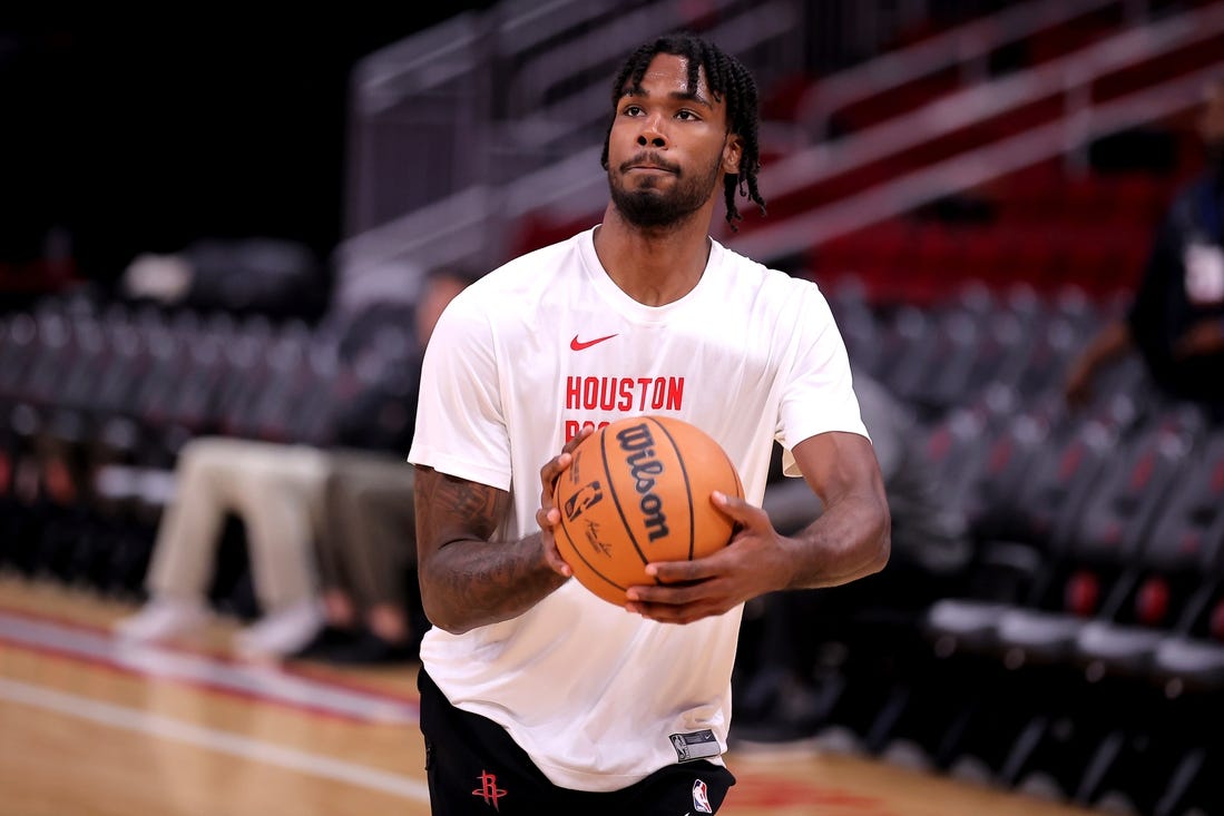 Dec 27, 2023; Houston, Texas, USA; Houston Rockets forward Tari Eason (17) warms up prior to the game against the Phoenix Suns at Toyota Center. Mandatory Credit: Erik Williams-USA TODAY Sports