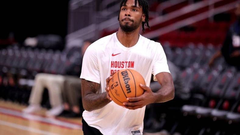 Dec 27, 2023; Houston, Texas, USA; Houston Rockets forward Tari Eason (17) warms up prior to the game against the Phoenix Suns at Toyota Center. Mandatory Credit: Erik Williams-USA TODAY Sports