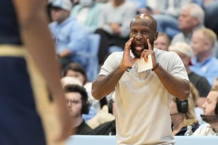 Dec 29, 2023; Chapel Hill, North Carolina, USA; Charleston Southern Buccaneers head coach Saah Nimley in the first half at Dean E. Smith Center. Mandatory Credit: Bob Donnan-USA TODAY Sports