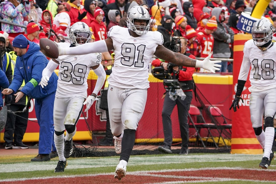 Dec 25, 2023; Kansas City, Missouri, USA; Las Vegas Raiders defensive tackle Bilal Nichols (91) celebrates after recovering a fumble to score against the Kansas City Chiefs during the game at GEHA Field at Arrowhead Stadium. Mandatory Credit: Denny Medley-USA TODAY Sports