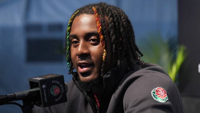 Dec 30, 2023; Pasadena, CA, USA; Alabama Crimson Tide defensive back Kool-Aid McKinstry during Rose Bowl media day at Rose Bowl Stadium. Mandatory Credit: Kirby Lee-USA TODAY Sports