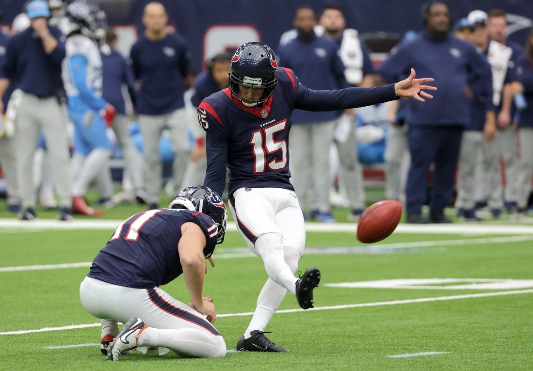 Dec 31, 2023; Houston, Texas, USA; Houston Texans place kicker Ka'imi Fairbairn (15) makes a field goal against the Tennessee Titans in the first quarter at NRG Stadium. Mandatory Credit: Thomas Shea-USA TODAY Sports