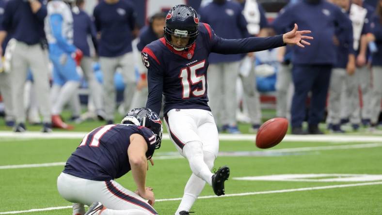 Dec 31, 2023; Houston, Texas, USA; Houston Texans place kicker Ka'imi Fairbairn (15) makes a field goal against the Tennessee Titans in the first quarter at NRG Stadium. Mandatory Credit: Thomas Shea-USA TODAY Sports