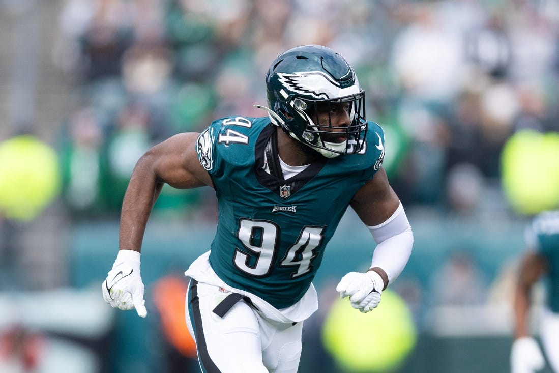 Dec 31, 2023; Philadelphia, Pennsylvania, USA; Philadelphia Eagles defensive end Josh Sweat (94) in action against the Arizona Cardinals at Lincoln Financial Field. Mandatory Credit: Bill Streicher-USA TODAY Sports