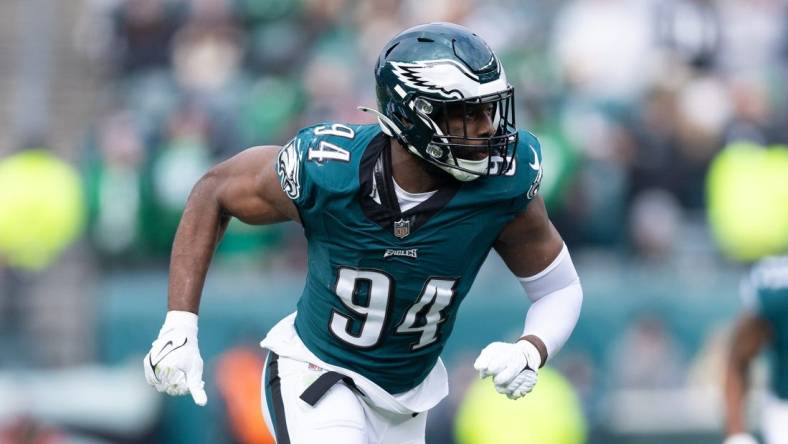 Dec 31, 2023; Philadelphia, Pennsylvania, USA; Philadelphia Eagles defensive end Josh Sweat (94) in action against the Arizona Cardinals at Lincoln Financial Field. Mandatory Credit: Bill Streicher-USA TODAY Sports