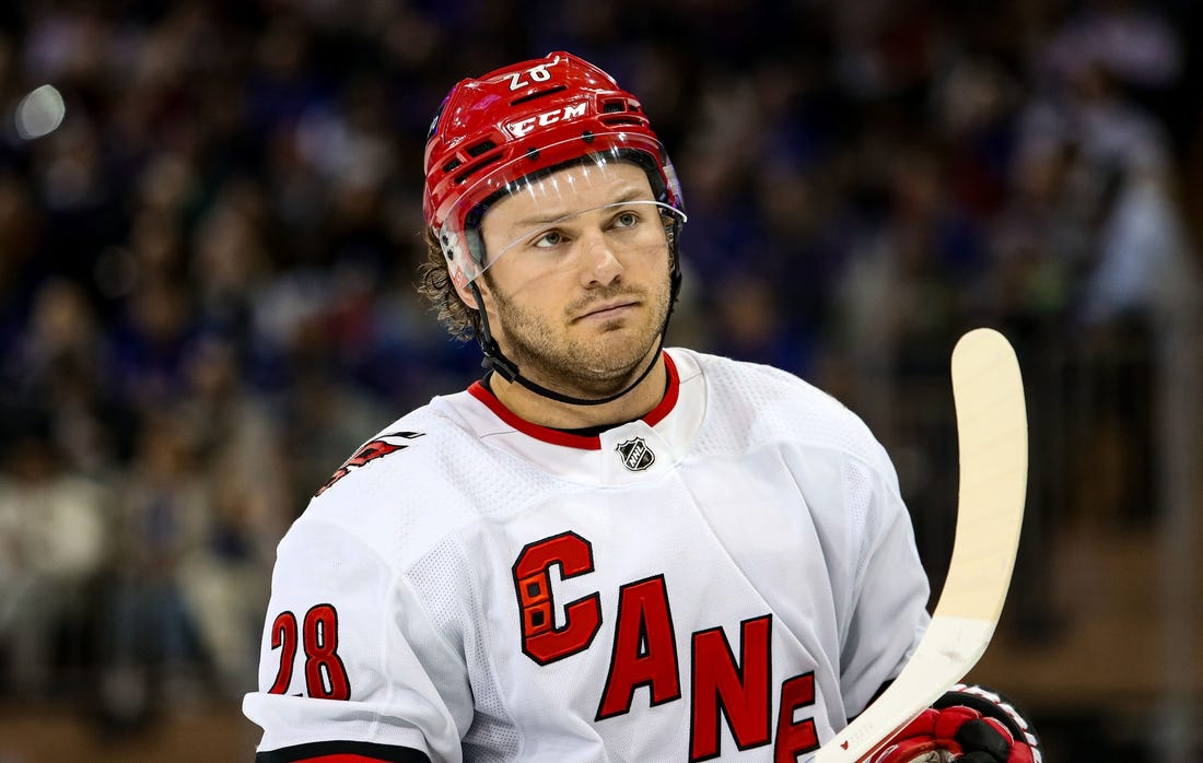 Jan 2, 2024; New York, New York, USA; Carolina Hurricanes left wing Brendan Lemieux (28) skates against the New York Rangers during the first period at Madison Square Garden. Mandatory Credit: Danny Wild-USA TODAY Sports