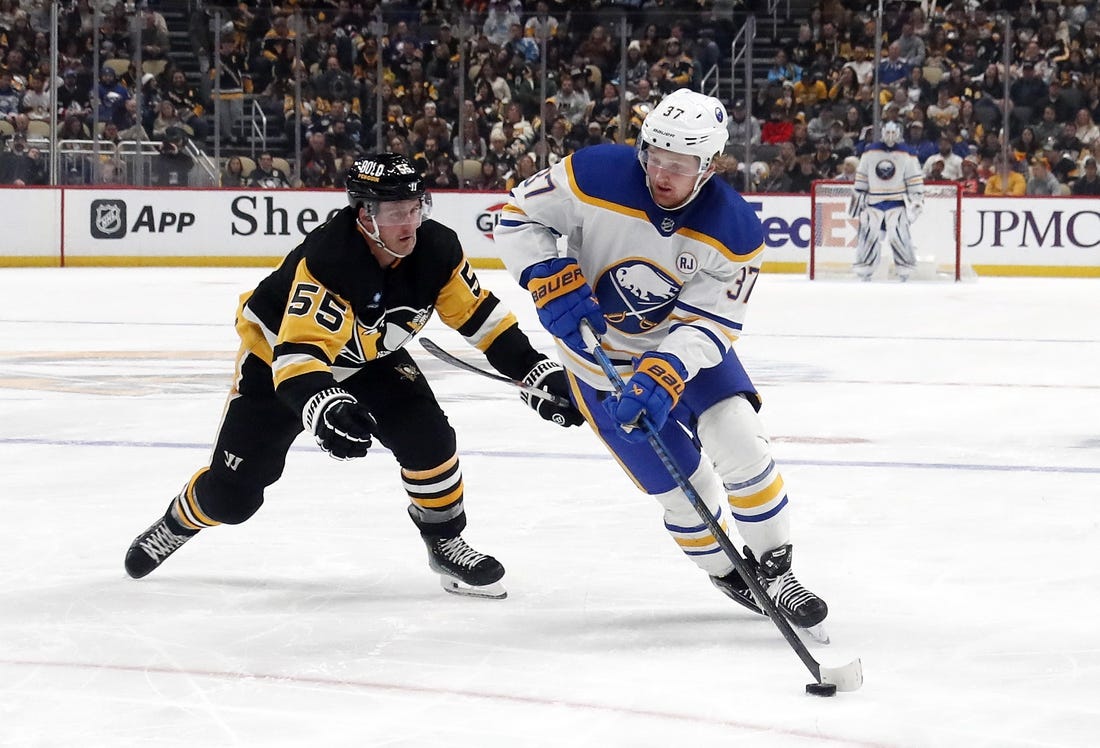 Jan 6, 2024; Pittsburgh, Pennsylvania, USA;  Buffalo Sabres center Casey Mittelstadt (37) skates with the puck against Pittsburgh Penguins center Noel Acciari (55) during the second period at PPG Paints Arena. Buffalo won 3-1. Mandatory Credit: Charles LeClaire-USA TODAY Sports