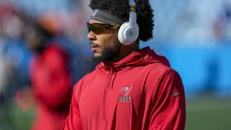 Jan 7, 2024; Charlotte, North Carolina, USA; Tampa Bay Buccaneers safety Antoine Winfield Jr. (31) during pregame warm ups against the Carolina Panthers at Bank of America Stadium. Mandatory Credit: Jim Dedmon-USA TODAY Sports