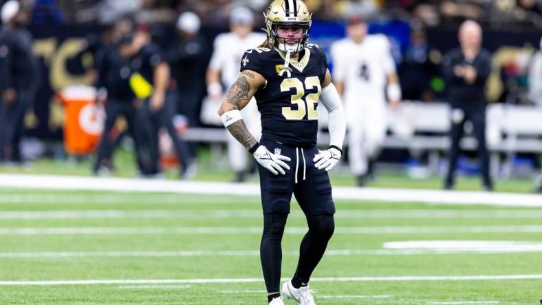 Jan 7, 2024; New Orleans, Louisiana, USA;  New Orleans Saints safety Tyrann Mathieu (32) looks on against the Atlanta Falcons during the first half at Caesars Superdome. Mandatory Credit: Stephen Lew-USA TODAY Sports