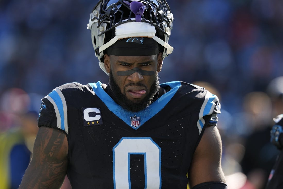 Jan 7, 2024; Charlotte, North Carolina, USA; Carolina Panthers linebacker Brian Burns (0) during the second quarter against the Tampa Bay Buccaneers at Bank of America Stadium. Mandatory Credit: Jim Dedmon-USA TODAY Sports