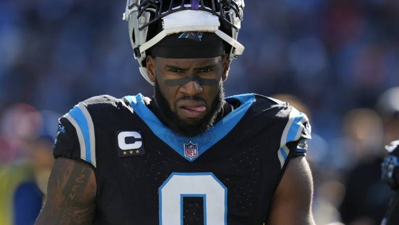 Jan 7, 2024; Charlotte, North Carolina, USA; Carolina Panthers linebacker Brian Burns (0) during the second quarter against the Tampa Bay Buccaneers at Bank of America Stadium. Mandatory Credit: Jim Dedmon-USA TODAY Sports