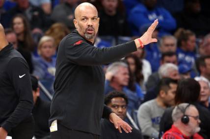 Jan 7, 2024; Memphis, Tennessee, USA; Southern Methodist Mustangs head coach Rob Lanier reacts during the first half against the Memphis Tigers at FedExForum. Mandatory Credit: Petre Thomas-USA TODAY Sports