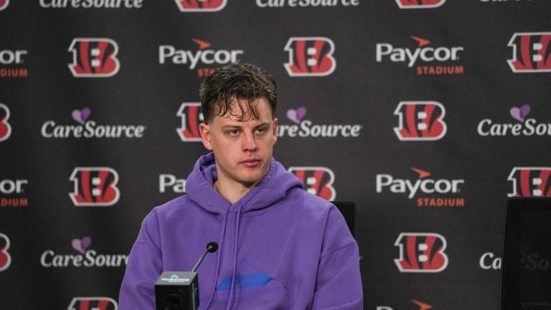 Bengals quarterback Joe Burrow speaks to the media during a press conference on the first day of the off season for the Bengals at Paycor Stadium on Monday January 8, 2024