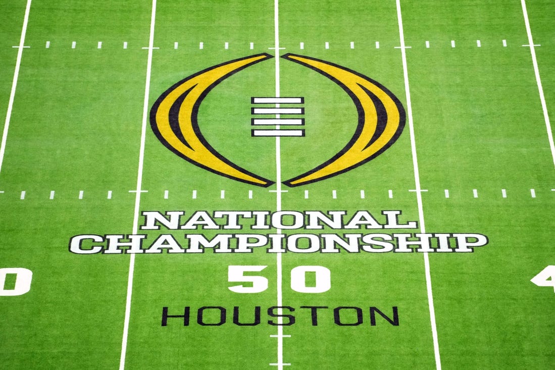 Jan 8, 2024; Houston, TX, USA; The 2024 CFP logo on the field before the 2024 College Football Playoff national championship game between the Michigan Wolverines and the Washington Huskies at NRG Stadium. Mandatory Credit: Kirby Lee-USA TODAY Sports
