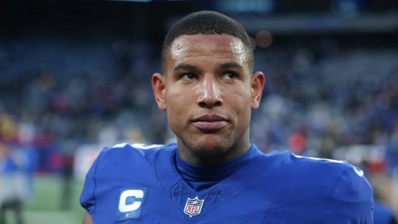 Dec 31, 2023; East Rutherford, New Jersey, USA; New York Giants tight end Darren Waller (12) after a game against the Los Angeles Rams at MetLife Stadium. Mandatory Credit: Brad Penner-USA TODAY Sports