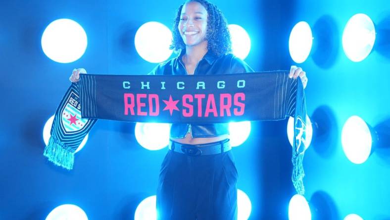 Jan 12, 2024; Anaheim, California, USA; Florida State University player Leilanni Nesbeth poses for a photo after being selected by the Chicago Red Stars during the 2024 NWSL Draft at Anaheim Convention Center. Mandatory Credit: Kirby Lee-USA TODAY Sports