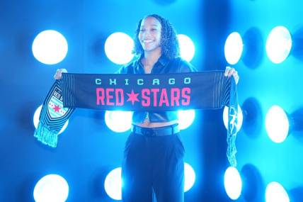 Jan 12, 2024; Anaheim, California, USA; Florida State University player Leilanni Nesbeth poses for a photo after being selected by the Chicago Red Stars during the 2024 NWSL Draft at Anaheim Convention Center. Mandatory Credit: Kirby Lee-USA TODAY Sports