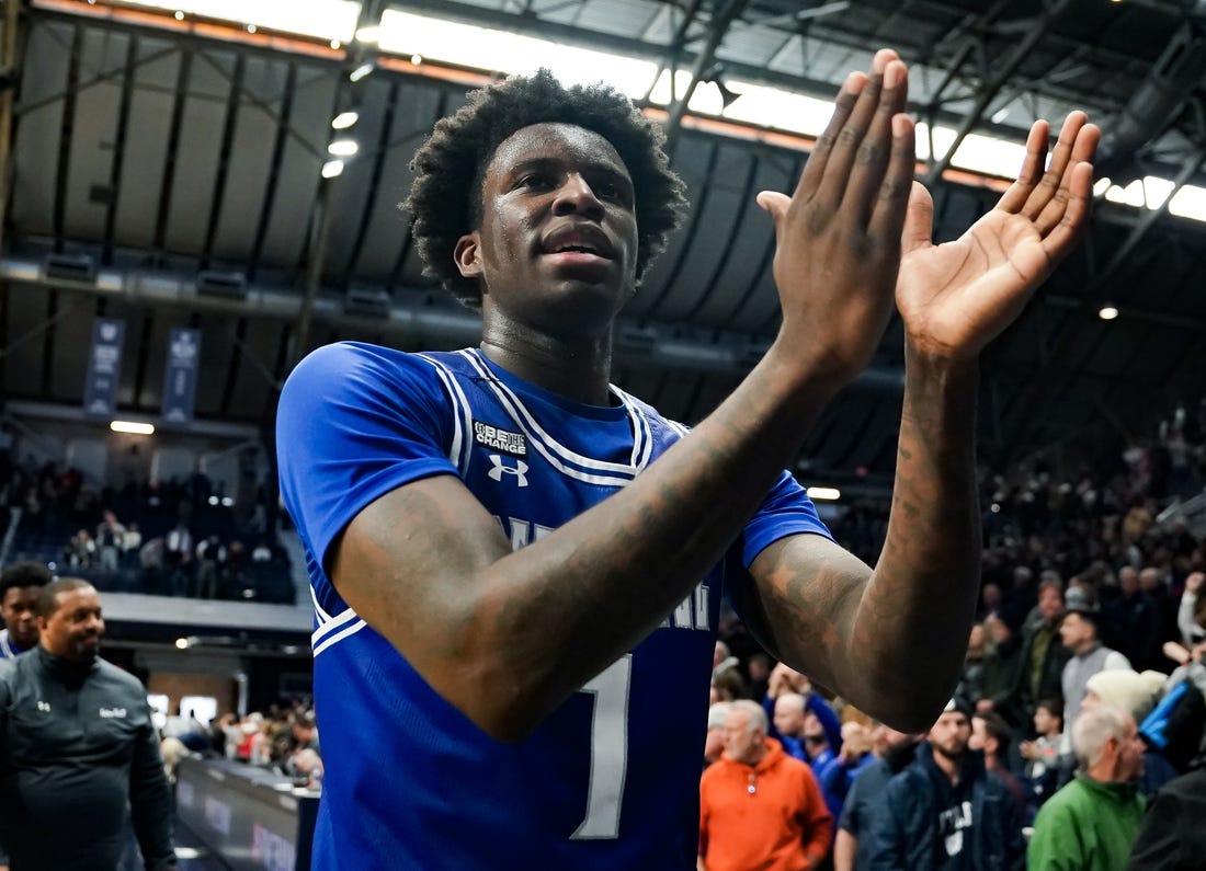 Jan 13, 2024; Indianapolis, Indiana, USA;  Seton Hall Pirates guard Kadary Richmond (1) celebrates after defeating the Butler Bulldogs at Hinkle Fieldhouse. Mandatory Credit: Robert Goddin-USA TODAY Sports